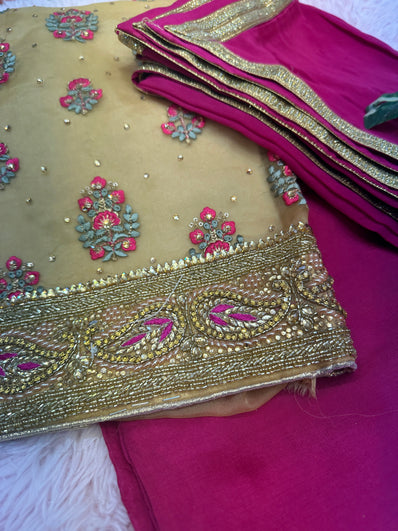 Gold & Pink Embroidered Unstitched Suit Material – Elegant Festive & Wedding Wear - 524
