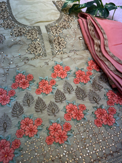 Gold & Peach Embroidered Unstitched Suit Material – Luxury Festive & Wedding Wear -297C