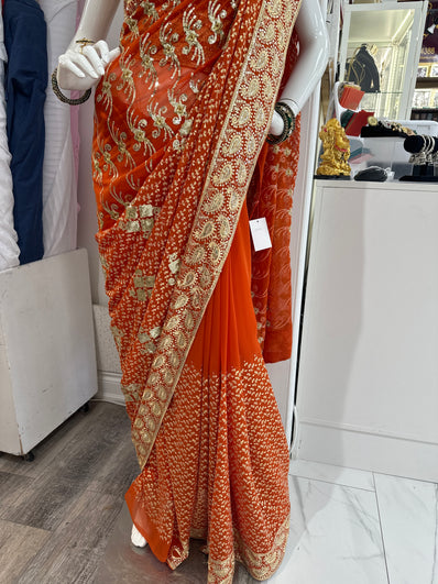 Rust Orange georgette Saree with Sequin Work