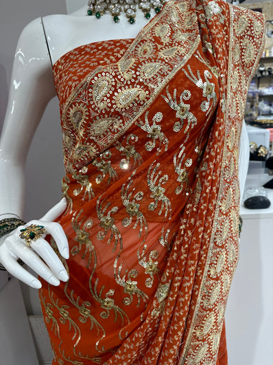 Rust Orange georgette Saree with Sequin Work