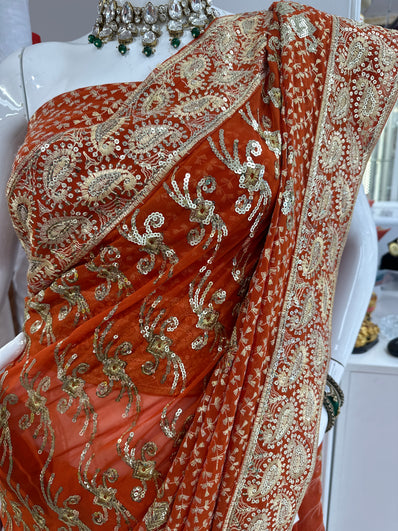 Rust Orange georgette Saree with Sequin Work