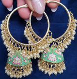 Bliss Meenakari-Pearl Enameled jhumka Earrings with Bali-Sea Green
