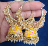 Bliss Meenakari-Pearl Enameled jhumka Earrings with Bali-Yellow