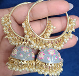 Bliss Meenakari-Pearl Enameled jhumka Earrings with Bali-Grey