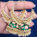 Bliss Meenakari-Pearl Enameled jhumka Earrings with Bali-Green