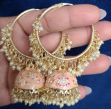 Bliss Meenakari-Pearl Enameled jhumka Earrings with Bali-Peach