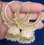 Bliss Meenakari-Pearl Enameled jhumka Earrings with Bali- White