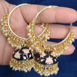 Bliss Meenakari-Pearl Enameled jhumka Earrings with Bali-Black