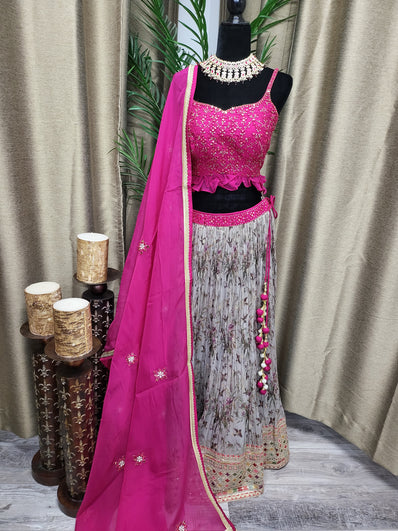 Partywear Lehenga in Mouse Brown and Hot Pink Choli.