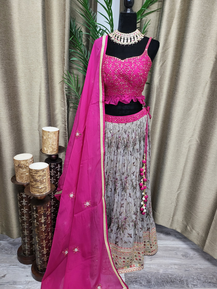 PLH22 Partywear Lehenga in Mouse Brown and Hot Pink Choli.