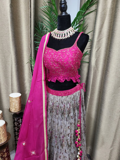 Partywear Lehenga in Mouse Brown and Hot Pink Choli.