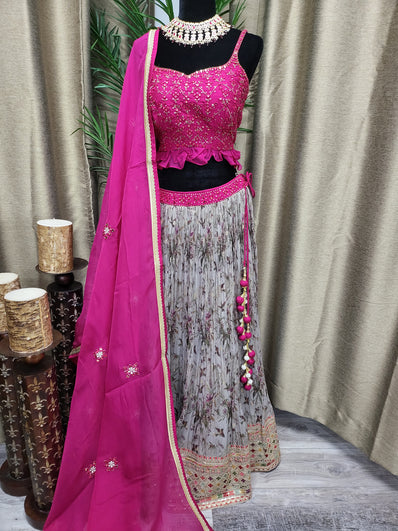 Partywear Lehenga in Mouse Brown and Hot Pink Choli.