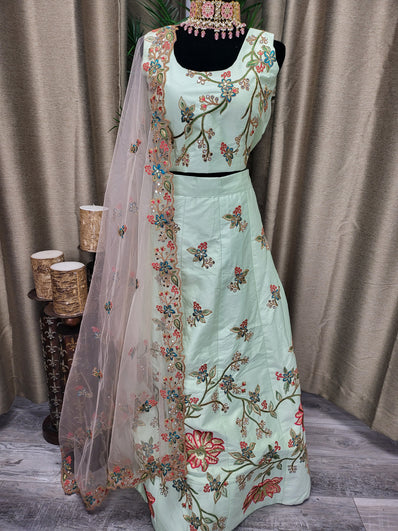 Partywear Lehenga in Light Seafoam Green Color
