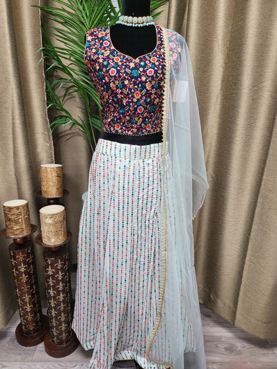 Party wear Lehenga in Navy Blue and Sky Blue Color