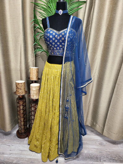 Party wear Lehenga in Blue and Mustard Yellow Color