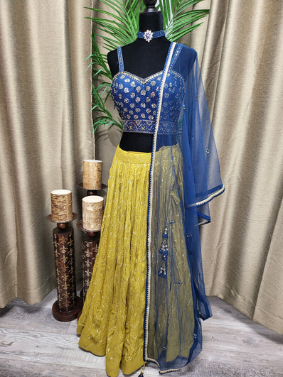Party wear Lehenga in Blue and Mustard Yellow Color