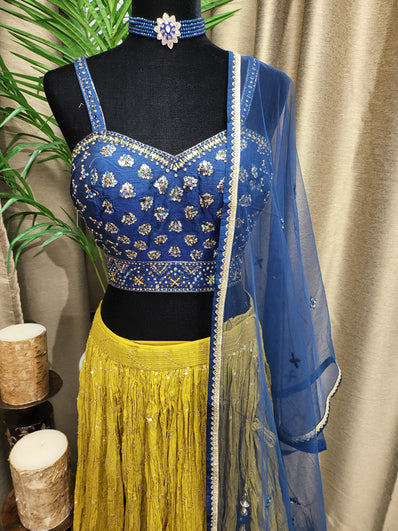 Party wear Lehenga in Blue and Mustard Yellow Color