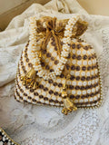 Handcrafted Potli Bag with Beaded Pearl Chain - Blonde Gold