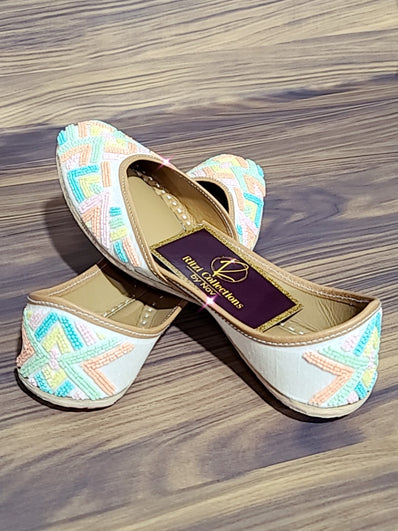 Punjabi Jutti- White with Pastel Beads
