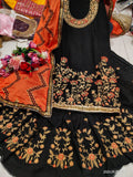 Designer Dress Material- Black/ Orange
