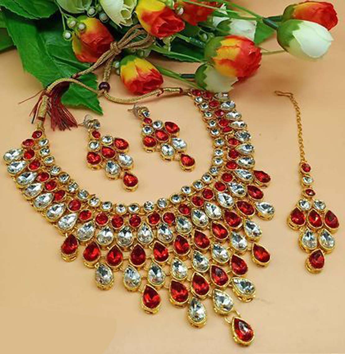 Urmi  Necklace set with Tikka - Red