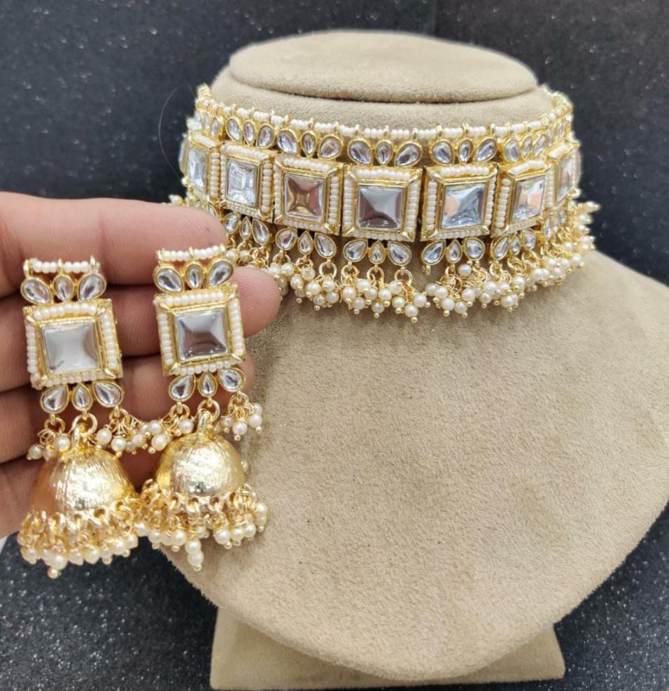 Meera Kundan Necklace set  - Clear White