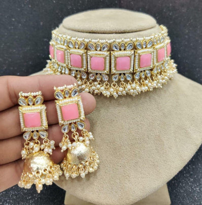 Meera Kundan Necklace set  - Pink