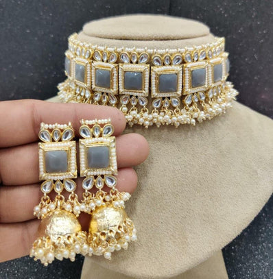 Meera Kundan Necklace set  - Grey