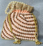 Handcrafted Potli Bag with Beaded Pearl Chain - Orange Peach