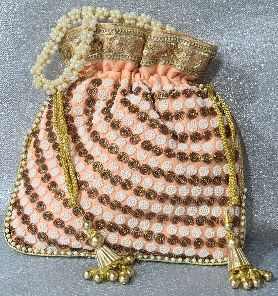 Handcrafted Potli Bag with Beaded Pearl Chain - Orange Peach
