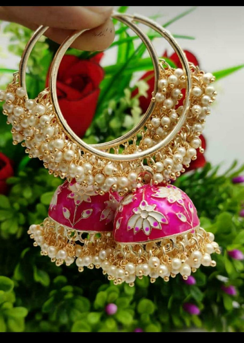 Bliss Meenakari-Pearl Enameled jhumka Earrings with Bali- Pink
